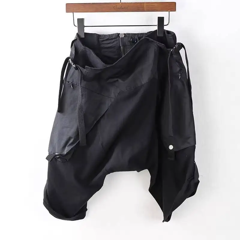 HKSH Summer New Men Trend Dark Cargo Harem Pants Loose Casual Wide Crotch Baggy Shorts Safari Style Patchwork Capris Ins HK11948