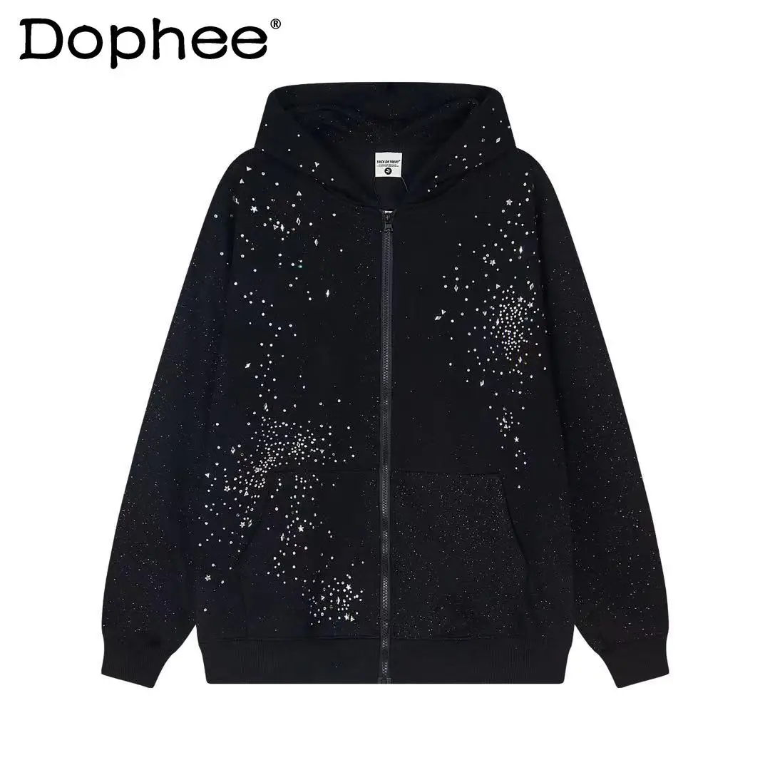 

Американская модная тенденция, тяжелая рубашка со стразами и звездным небом, свободная повседневная универсальная толстовка с капюшоном и длинными рукавами, куртка