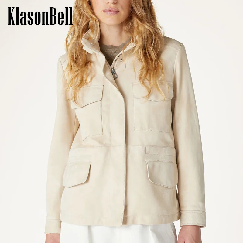 

8.11 KlasonBell Women Suede Real Leather Traveller Stand Collar Hooded Jacket Elegant Adjustable Drawstring Waist Zipper Coat