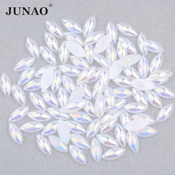 JUNAO 100pcs 7*15mm Jelly White AB Half Pearl Rhinestone Horse Eye Strass Crystal Flat Back Pearl Beads For Clothes DIY Crafts