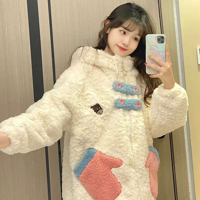 Student's Double Wearing Plush Jacket Women's Outwear Autumn Winter New Hooded Thick Warm Parka Loose Lamb Wool Warm Cotton Coa