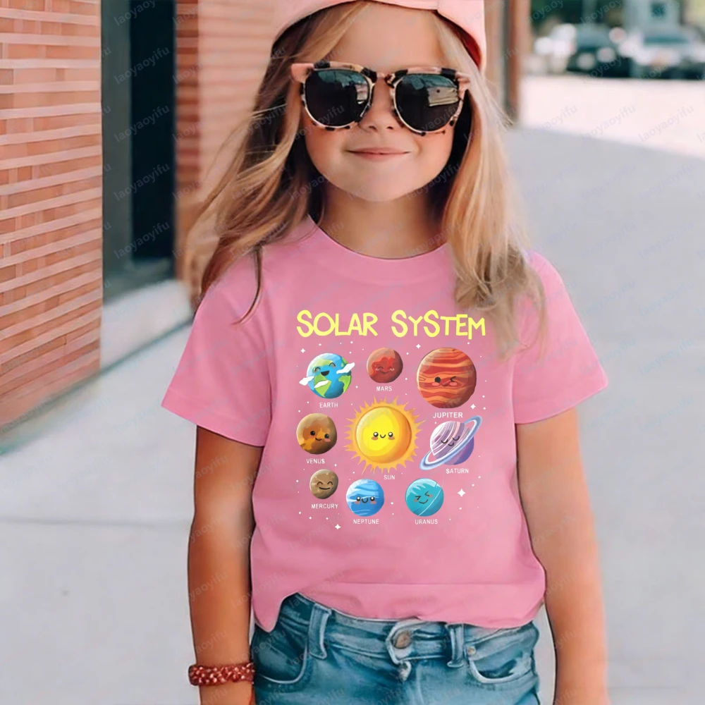 Cartoon Solar System Kids T-Shirt With Planets And Sun Cotton Tee For Children Fun Space Design Trendy Outfit For Boys And Girls