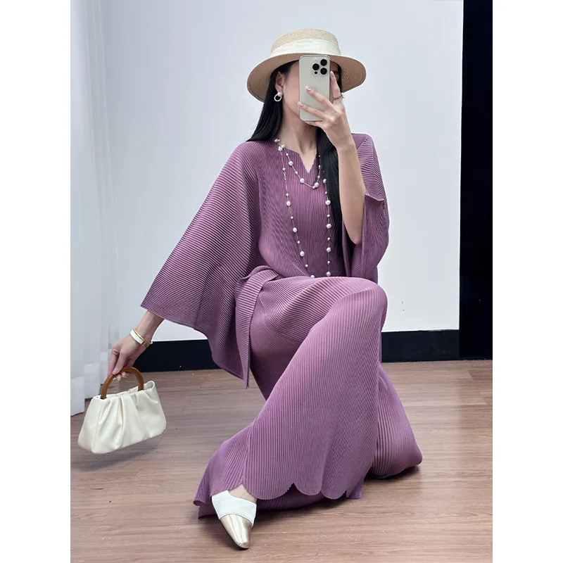 Cor sólida plissado superior calças de cintura elástica irregular conjunto de duas peças premium sentido miyake 2025 verão moda feminina terno