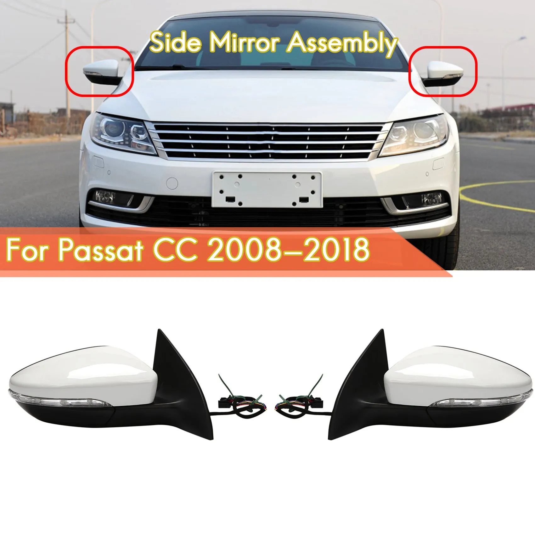 Right Side Rear View Mirror Assembly Power Heated Folding Turn Signal 9 Wires for Passat CC 2008-2018 RH