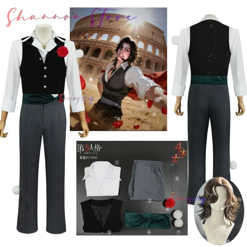 

Identity V Matador Cosplay Costume Wig Hernando Romero Vest Pants Necklace Flower Props Men Outfit For Party Halloween Role Play