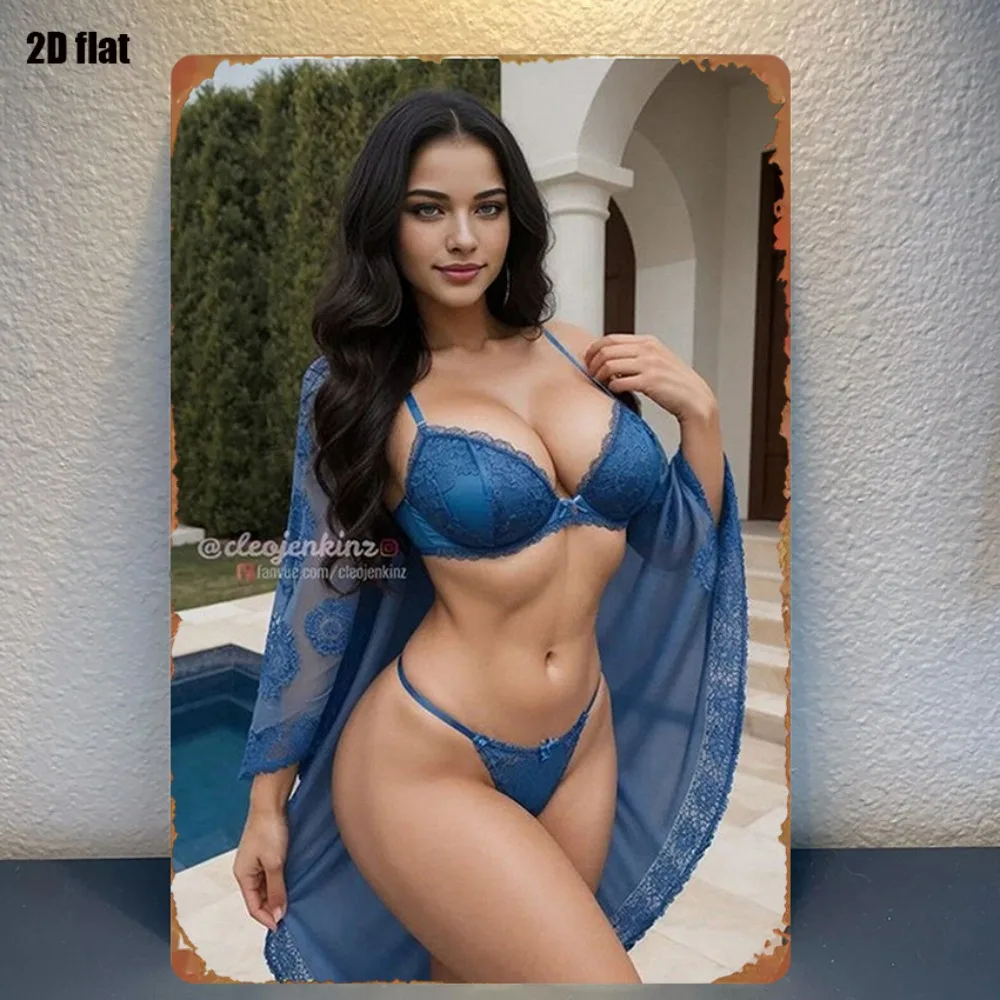 Blaues Spitzen-Dessous-Metallschild 8x12 Zoll, Sexy Poolside-Kunstdruck für Bauernhaus-Wanddekoration, Vintage-Küchendekoration