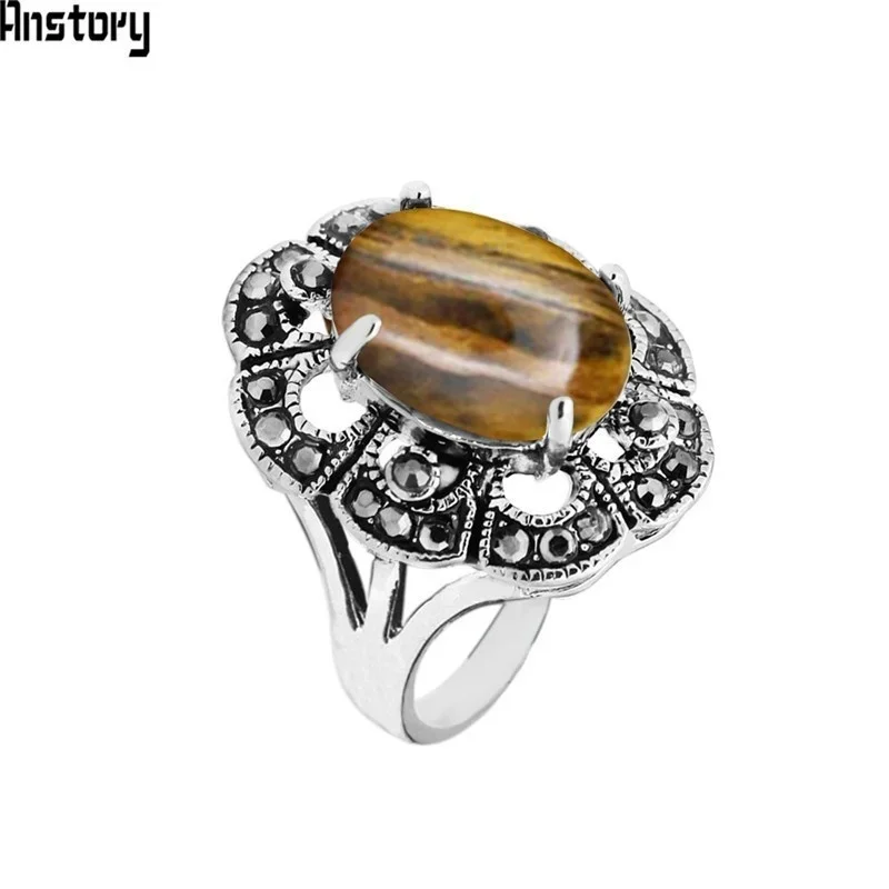 Oval Natural Tiger Eye Rings For Women Vintage Look Antique Silver Plated Rhinestone Plum Flower Fashion Jewelry TR692