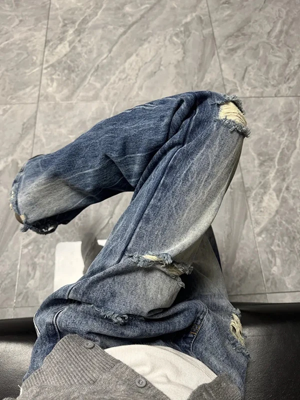 

American Retro Lightning Pattern Hole Denim Jeans Men Summer Loose High Street Vibe Sle Pants Cool Micro Flare Long Trousers