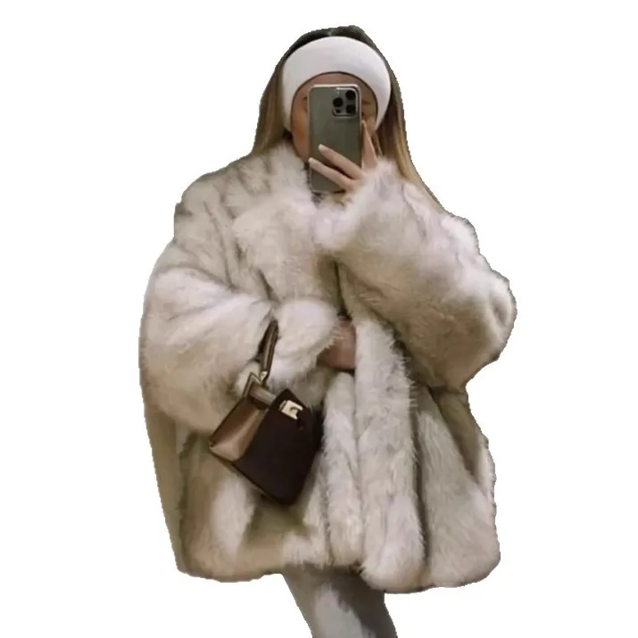 التدرج الشتاء النساء الفراء سترة مترهل نمط دعوى طوق فضفاض الإناث معطف فرو المنك Instagram-نمط سميكة سيدة فو الفراء معطف #5