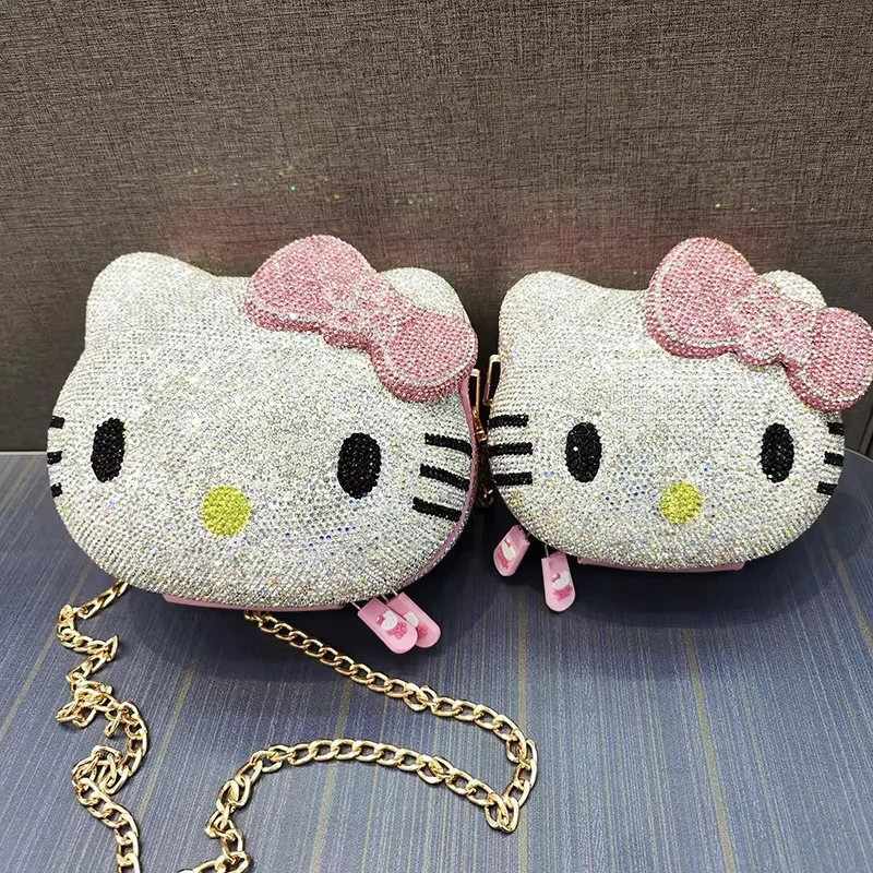 NEW Anime Hello Kitty Cartoon Shape Cartoon Full Of Diamonds Dinner Bag fashion Handmade Diamond-set Lady\'s Clutch Christmas Gif