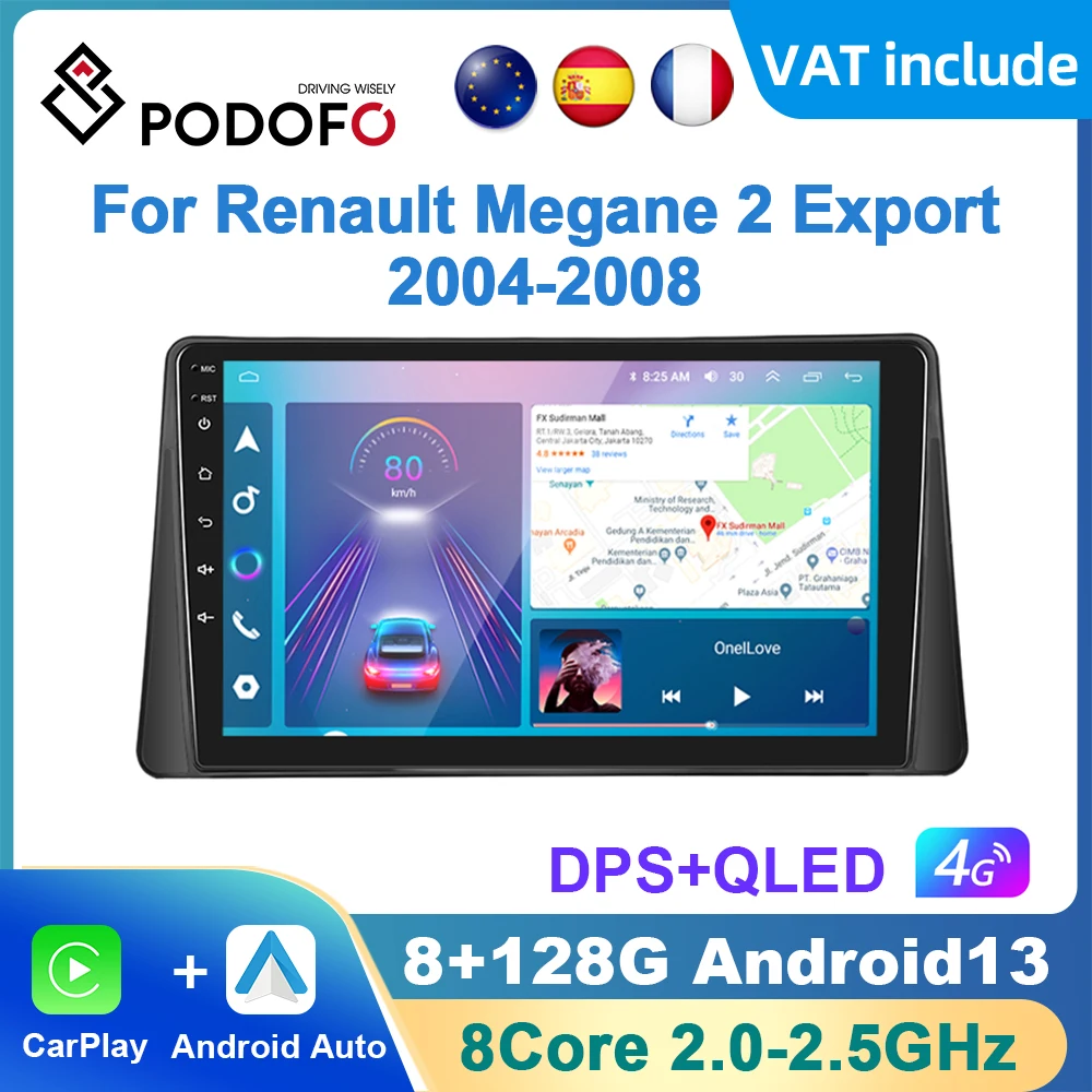 Podofo AI Voice Android Carplay Car Radio For Renault Megane 2 Export 2004-2008 Android Auto 4G Multimedia Player GPS Navigation