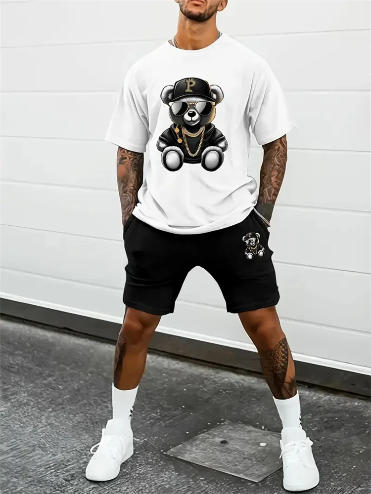 New Fashion Bear Print T-Shirt and Shorts Two Summer Mens Comfortable Casual Sportswear Loose Adjustable Drawstring Shorts