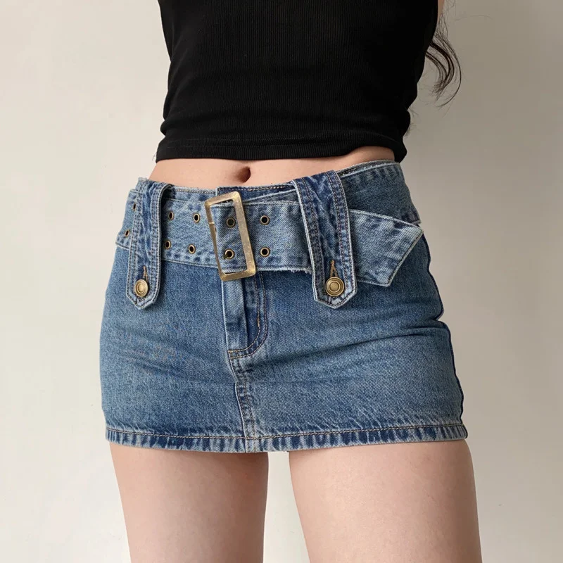 

Wide Belt Denim Miniskirt For Women Korean Hot Sexy Women Short Skirts Pocket High Waist Boho Safari Style M431