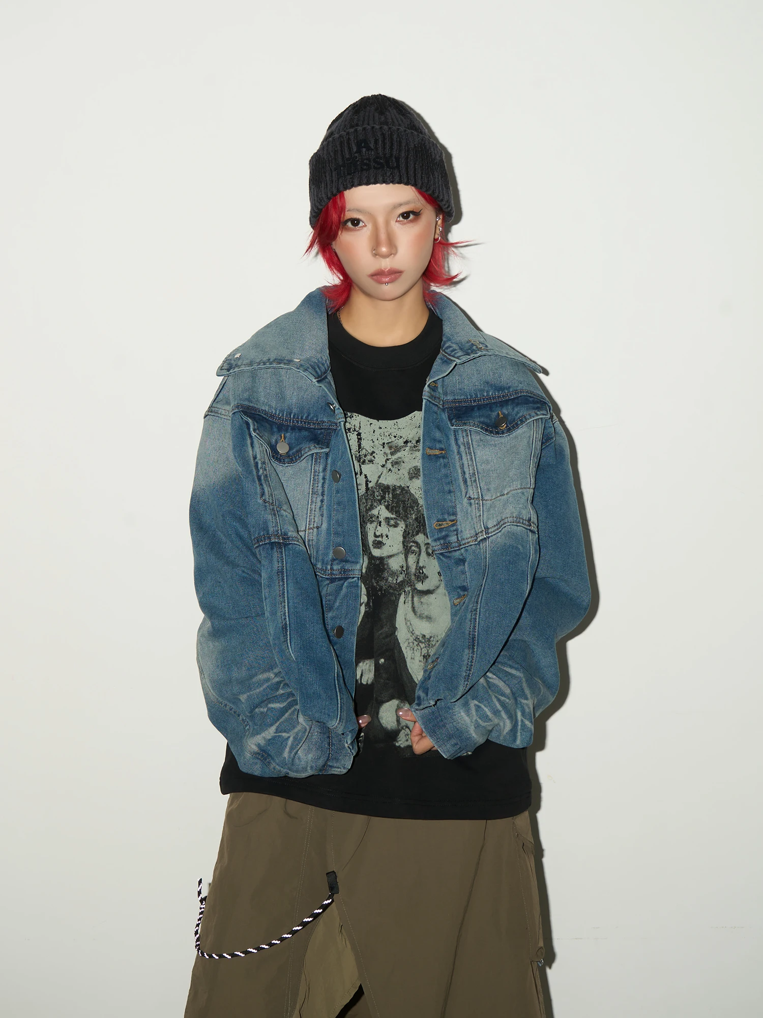 

MICHINNYON Vintage adient ort Denim Jaet Street Sle Versatile Top Warm Cotton Blend Fabric Long Sve Button Closure