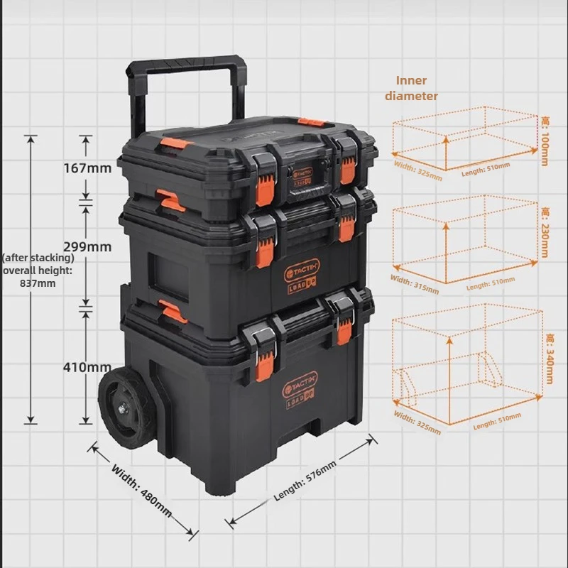 Stacking Tie Rod Toolbox Waterproof Hardware Tool Storage Case Multi-function Large Capacity Tools Organizer Toolkit with Wheels