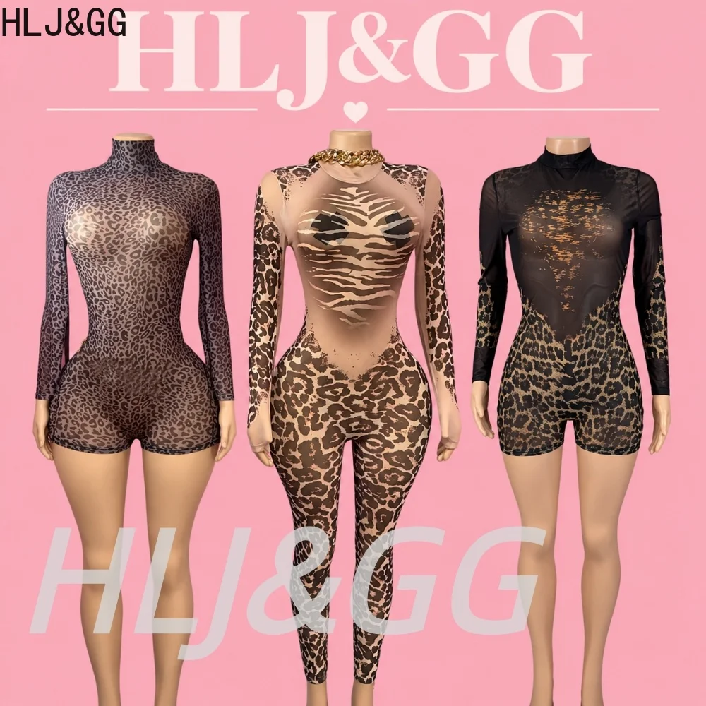 HLJ&GG Sexy Mesh Leopard Print Bodycon One Piece Jumpsuits Women O Neck Long Sleeve Slim Playsuits Fashion See Though Overalls