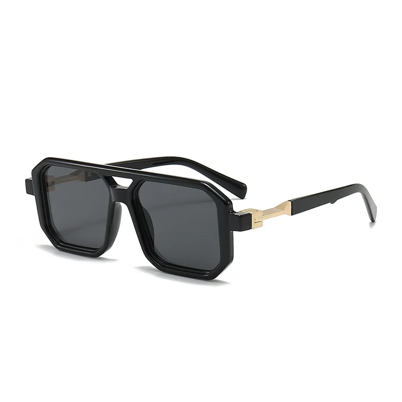 Black Retro Box Sunglasses, Unisex Double Beam, Trendy, Glossy, Fashion, Decorative, Dressing Glasses, New