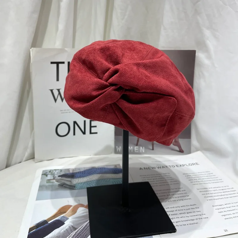 

Wrinked Suede Fabric Beret Cap Women Elegant Autumn Spring Warm Painter Cap Street Chapeau Original Design Female Artist Cap