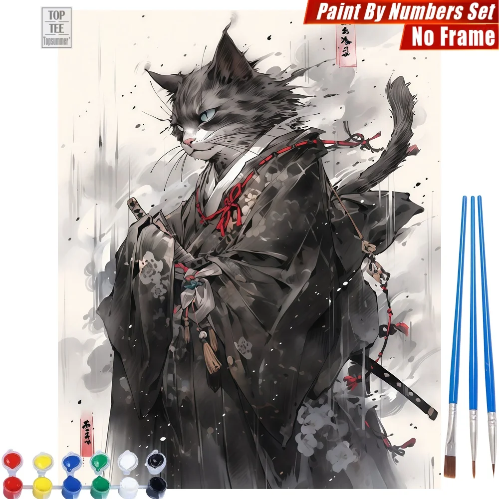 

Набор для рисования по номерам «Самурайский кот в стиле укиё-э» — настенный декор с изображением кимоно, меча и дождя, подарок на День благодарения для жены