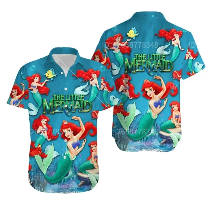 Camisa Ariel de manga curta da Disney, a pequena sereia, Ariel e amigos abotoam a camisa havaiana, camisa da moda, 2024