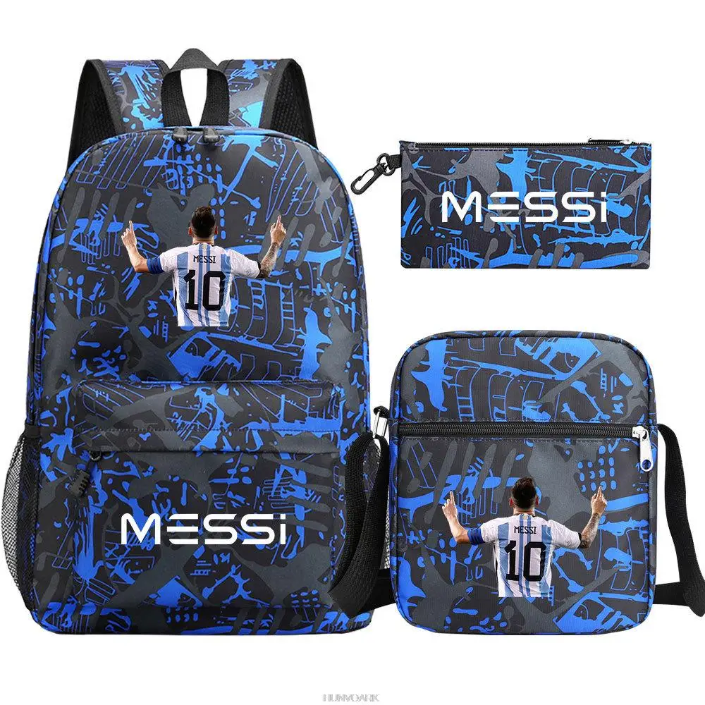 Messi Football Stars Print Mochila, leve simples Laptop sacos escolares, alunos do ensino médio, novo, 3pcs