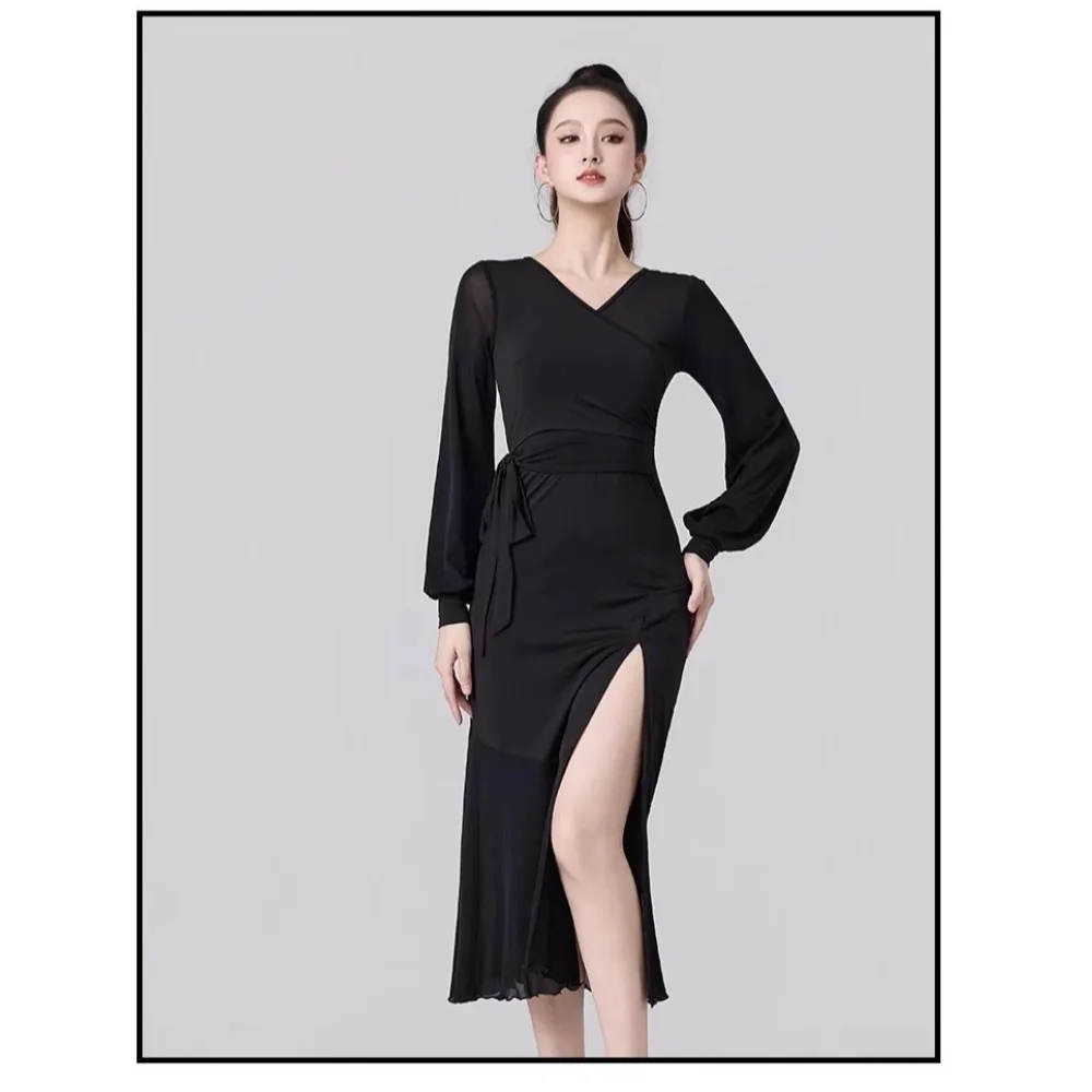 

Women's V-Neck Long Sleeve Latin Dance Dress - Sexy High-Waist Slit Practice Skirt - Adult Ballroom Salsa Performance Wear