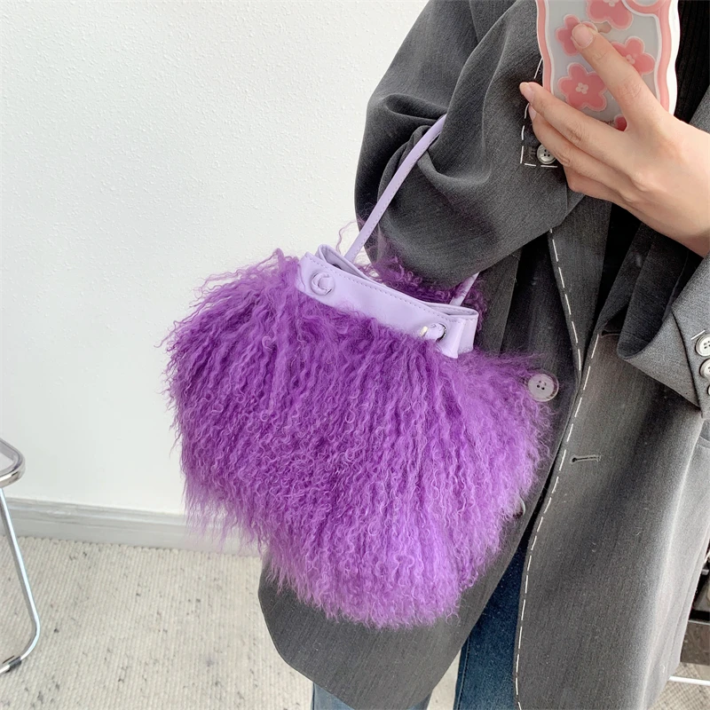 Women\'s Fashion Real Long Fur Wool Bag Beach Wool Fur Shoulder Bag Ladies Handbag Luxury Mongolian Sheep Fur Bags