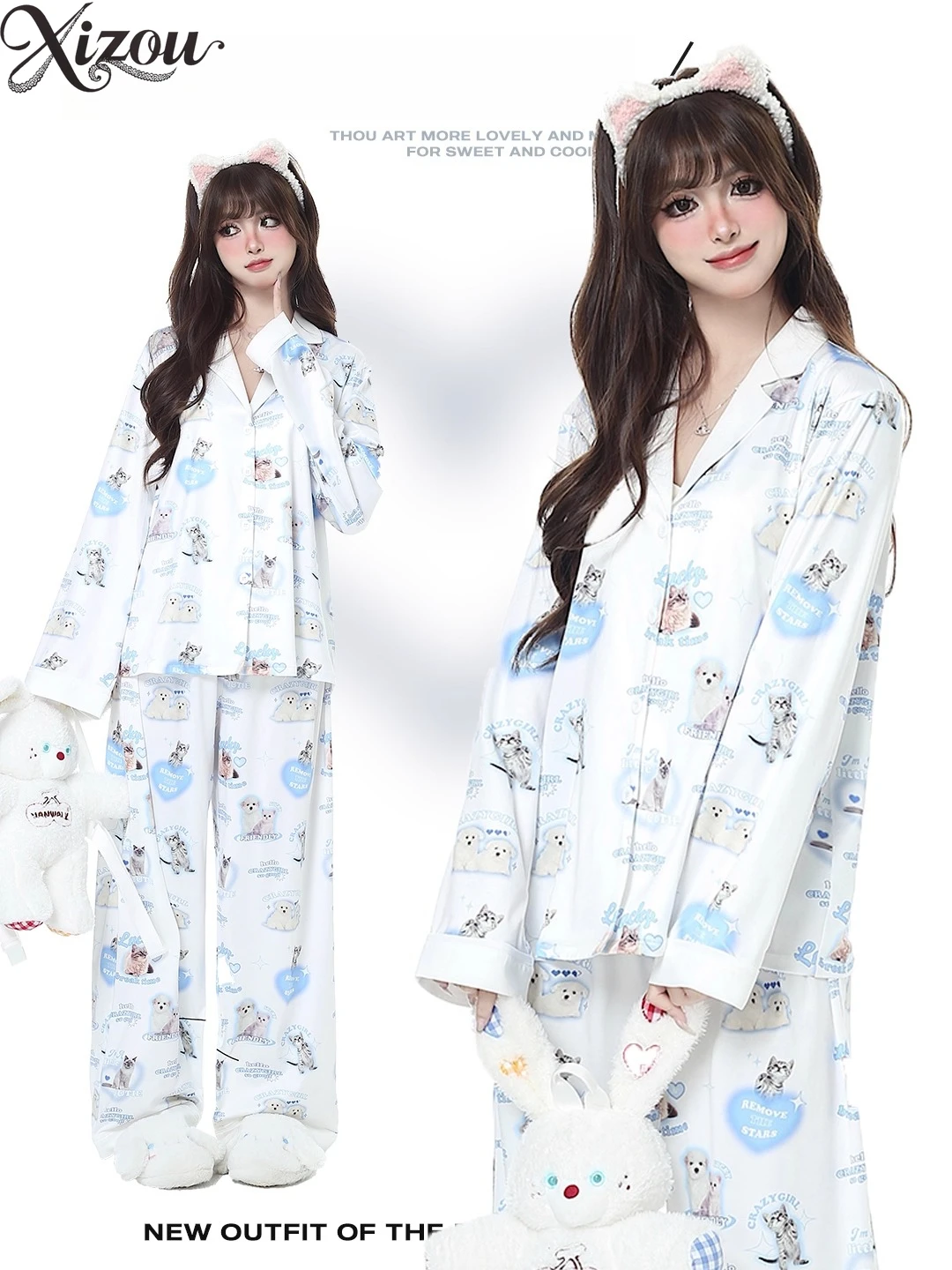 

Autumn Spring Women Pajama Set Cartoon Print Cat Soft Thin Fabric Long Sleeve Top Pants Loose Student Sleepwear Homewear 2025
