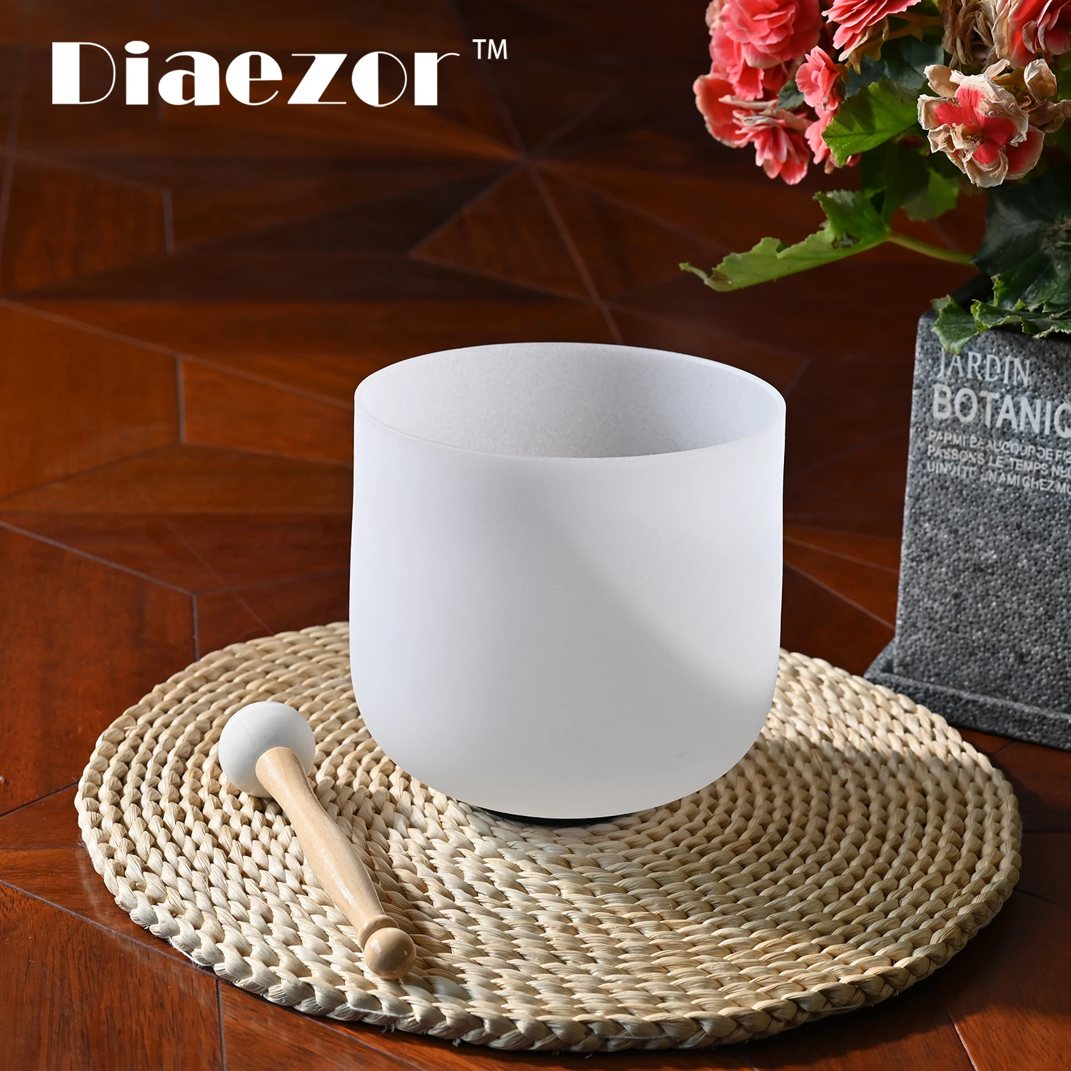 Diaezor 8 Inch 440/432Hz White Frosted Quartz Crystal Singing bowl CDEFGAB Note for Sound Healing and Meditation with Mallet