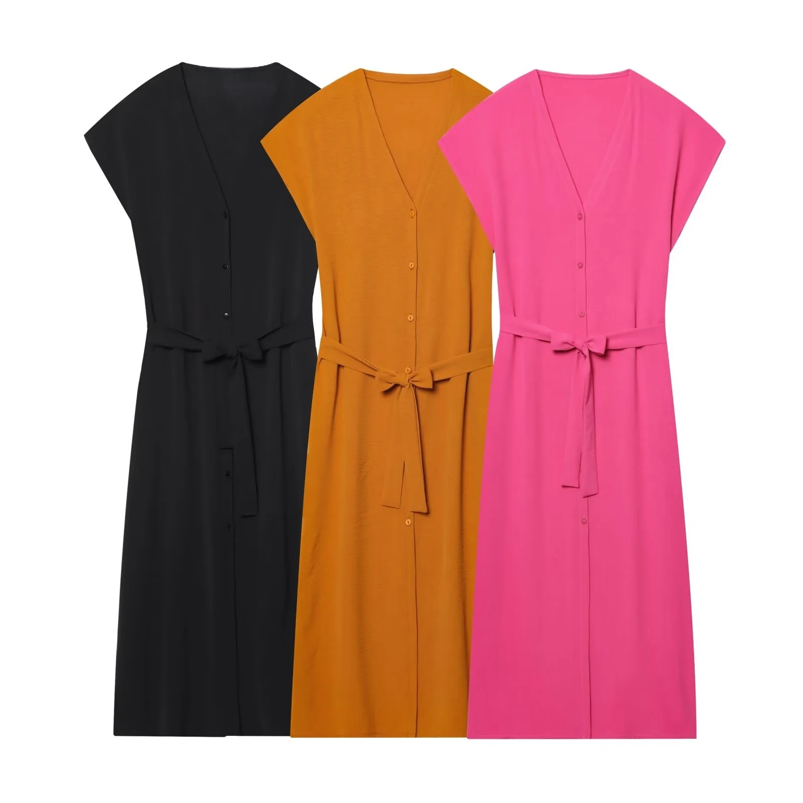 

PB&ZA2025 Summer New Women's Clothing Button-decorated V-neck Drooping Shoulder Short-sleeved Belt-decorated Drape Dress