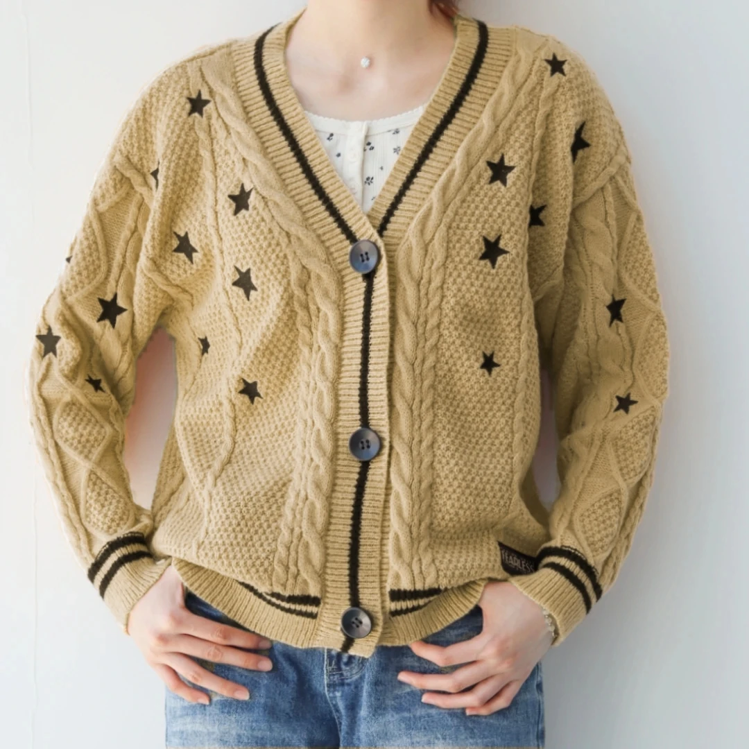 

Y2K Women Fearless Khaki Cardigans Autumn Oversize Single Breasted Knitted Star Embroidery Long Cardians Sweaters for Women
