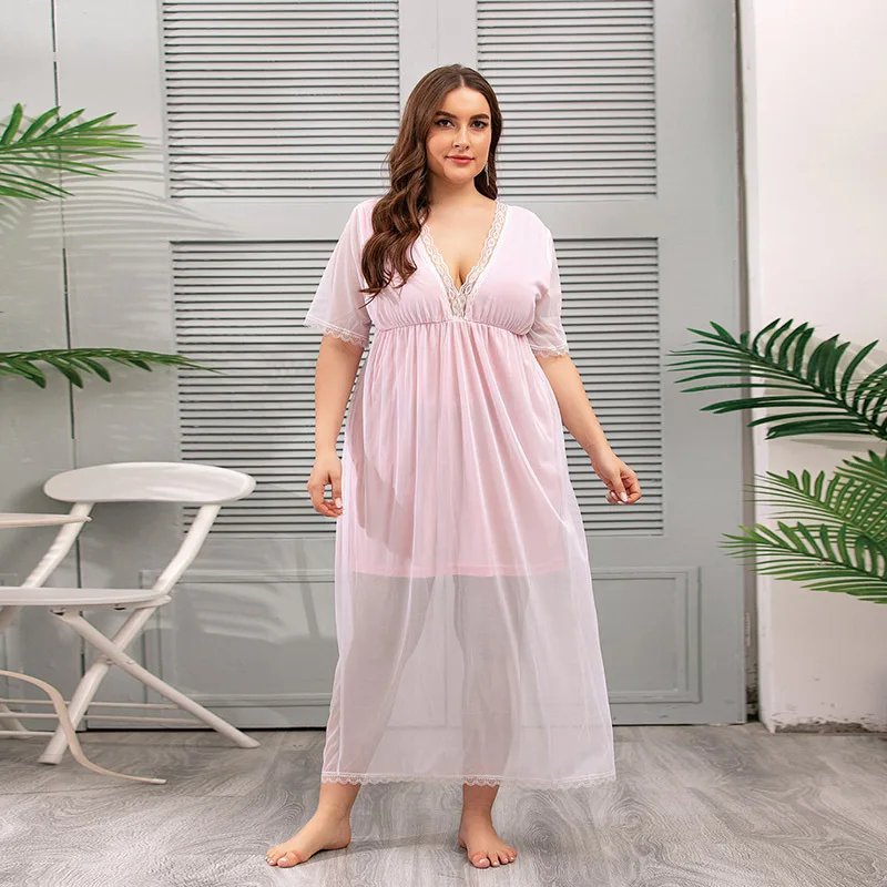 

Pure desire wind mesh lace loungewear large size nightdress summer fat French dress high-end temperament elegant classic women's