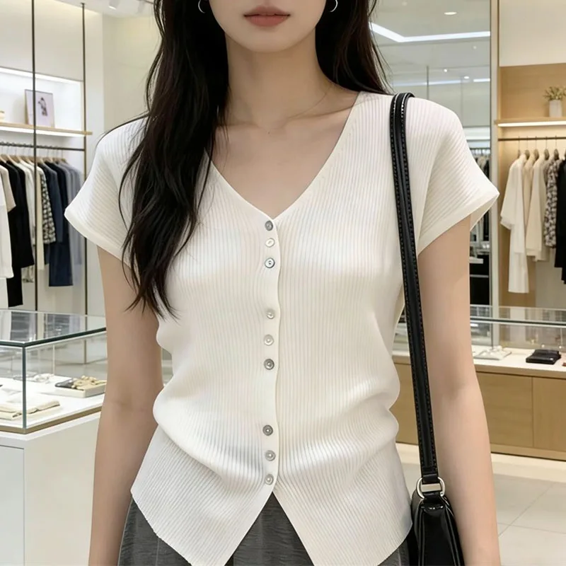 

Knitwears Knitted Sweater Women Cardigans New Summer Short Sleeve V-Neck White Knit Sweater Cardigan Women Tops Sweaters Q3736