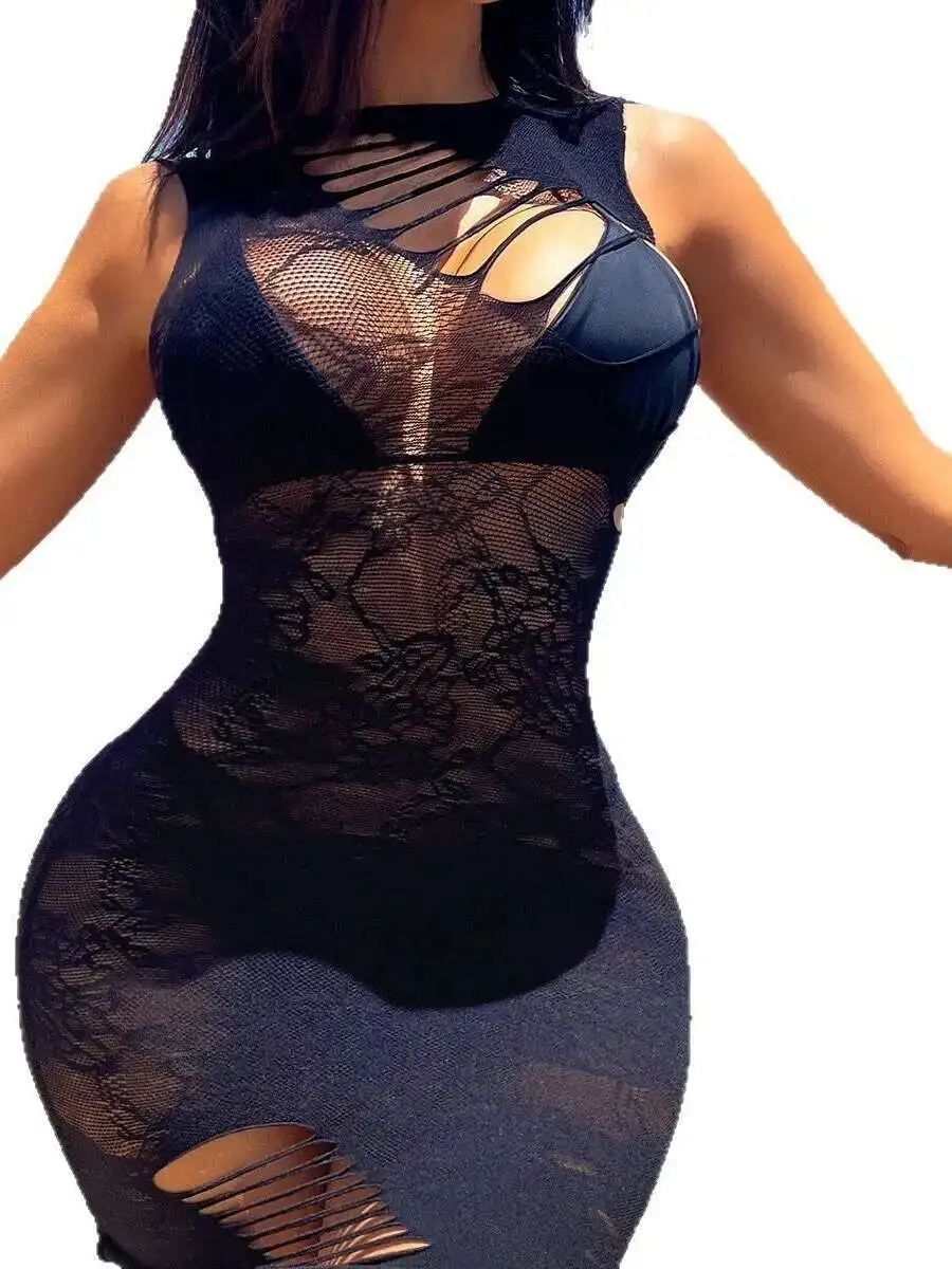 Hollow Out See-through Plus Size Sexy Lingerie Sexy Open Crotch Jacquard Temptation Bodycon Dress Elegant Sweet Mini Dress OLM5