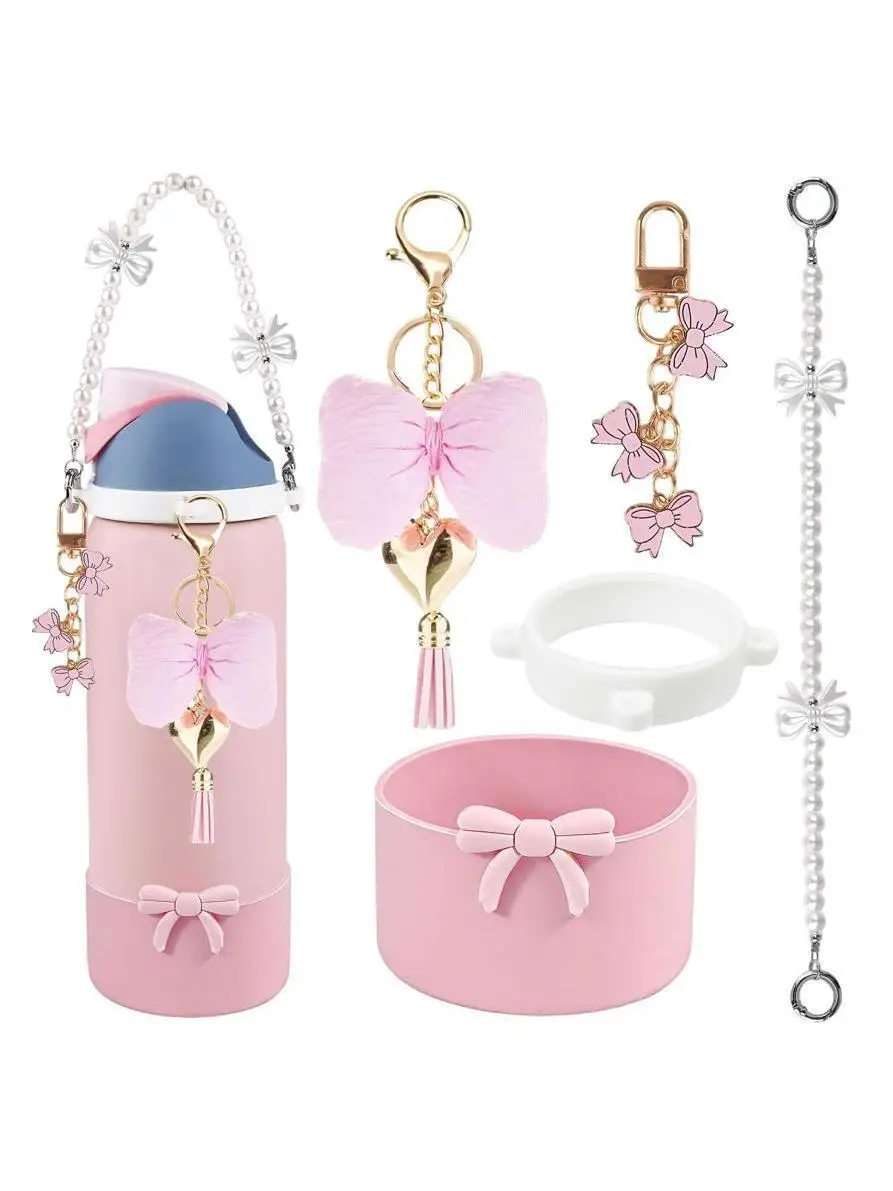 Water Bottle Accessories Set for Owala FreeSip 24oz 32oz 40oz – Pearl Handle Strap, Bow Charms, Heart Tassel Bow Keychain, Silic