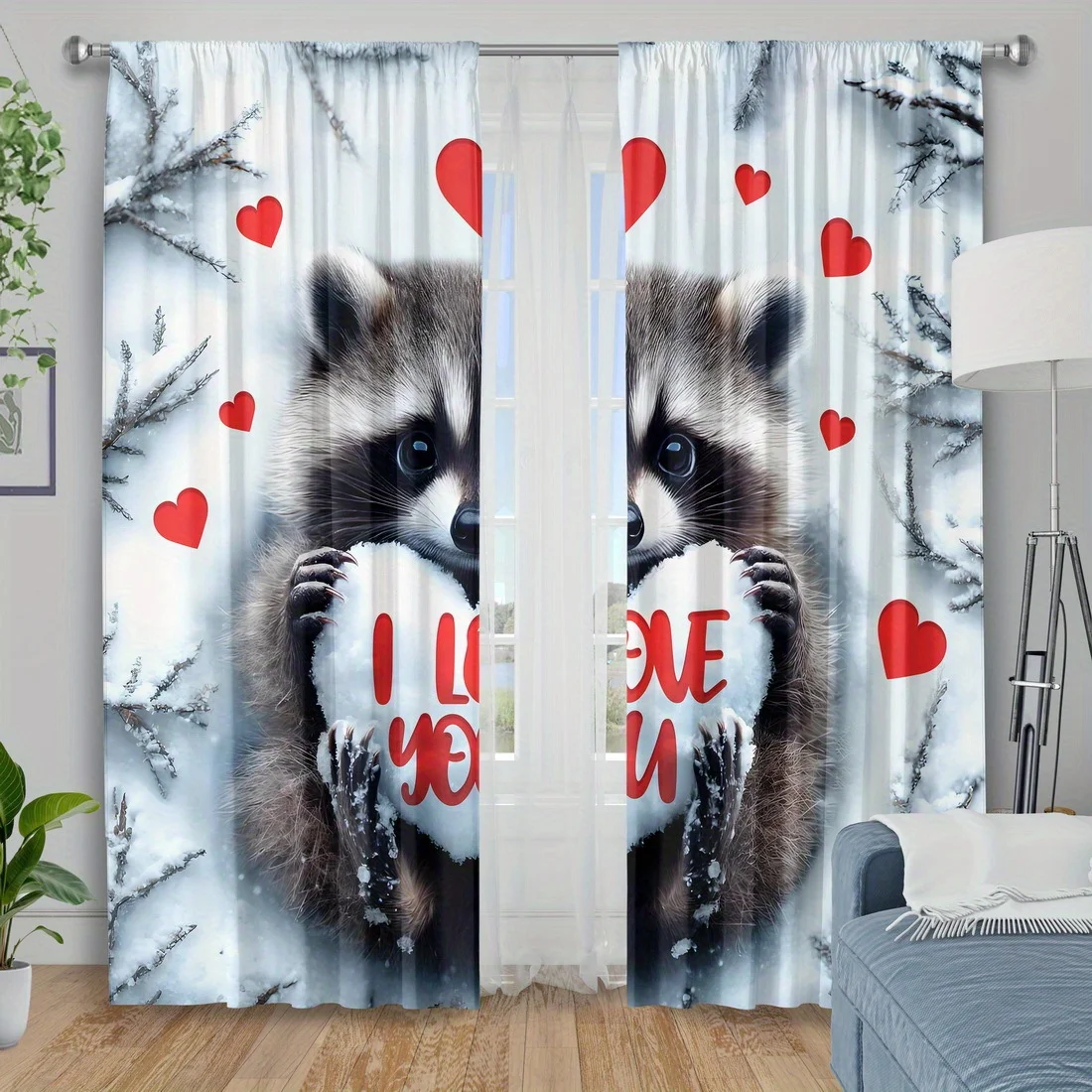 Cute Raccoon Holding Heart Curtains, I Love You Print Blackout Drapes for Bedroom Living Room, Romantic Animal Home Decor