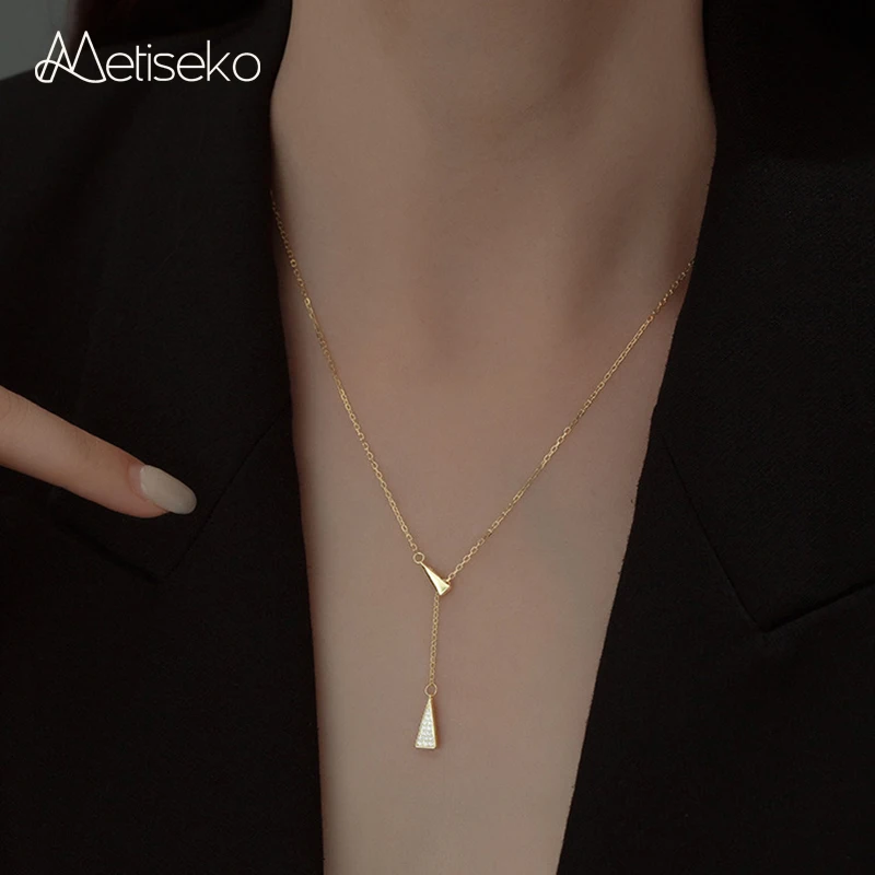 

Metiseko 925 Sterling Silver Y-Shape Women's Choker Necklace Geometric Triangle Cubic Zirconia Pendant Necklace Trendy for Party