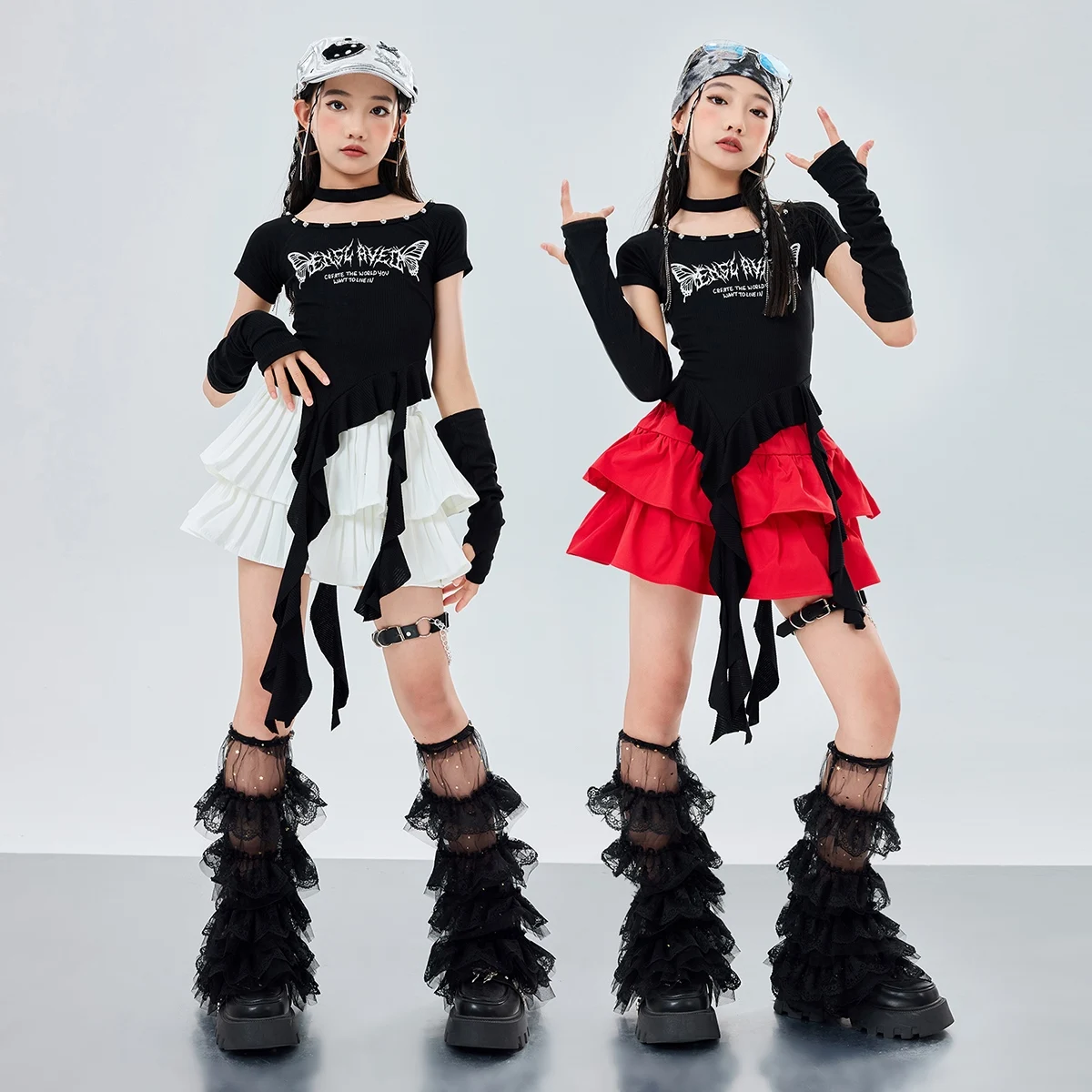 Traje de dança jazz meninas hip hop desempenho wear preto topo vermelho bolo saia criança dança rua moda roupas kpop outfit 2120