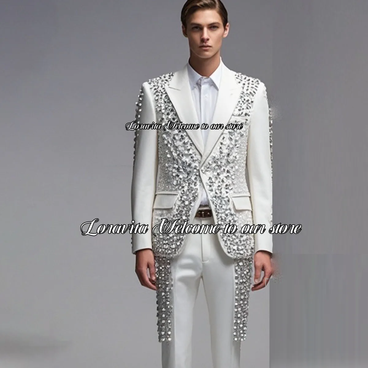 Luxury Sparkly Crystals Men Suits Peaked Lapel Groom Tuxedo 2 Pieces Set Male Party Prom Blazer Wedding traje de hombre elegante