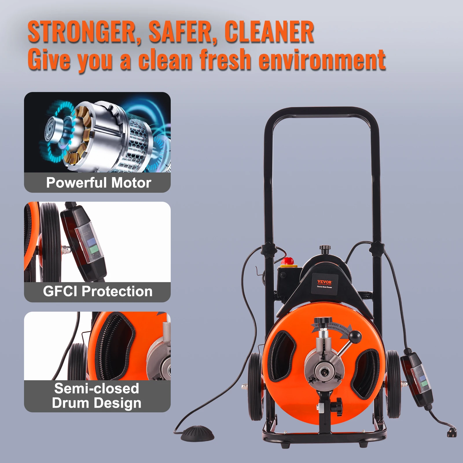Drain Cleaning Machine 75FT Sewer Snake Auto Feed Drain Auger Cleaner with 4 Cutter Air-Activated Foot Switch