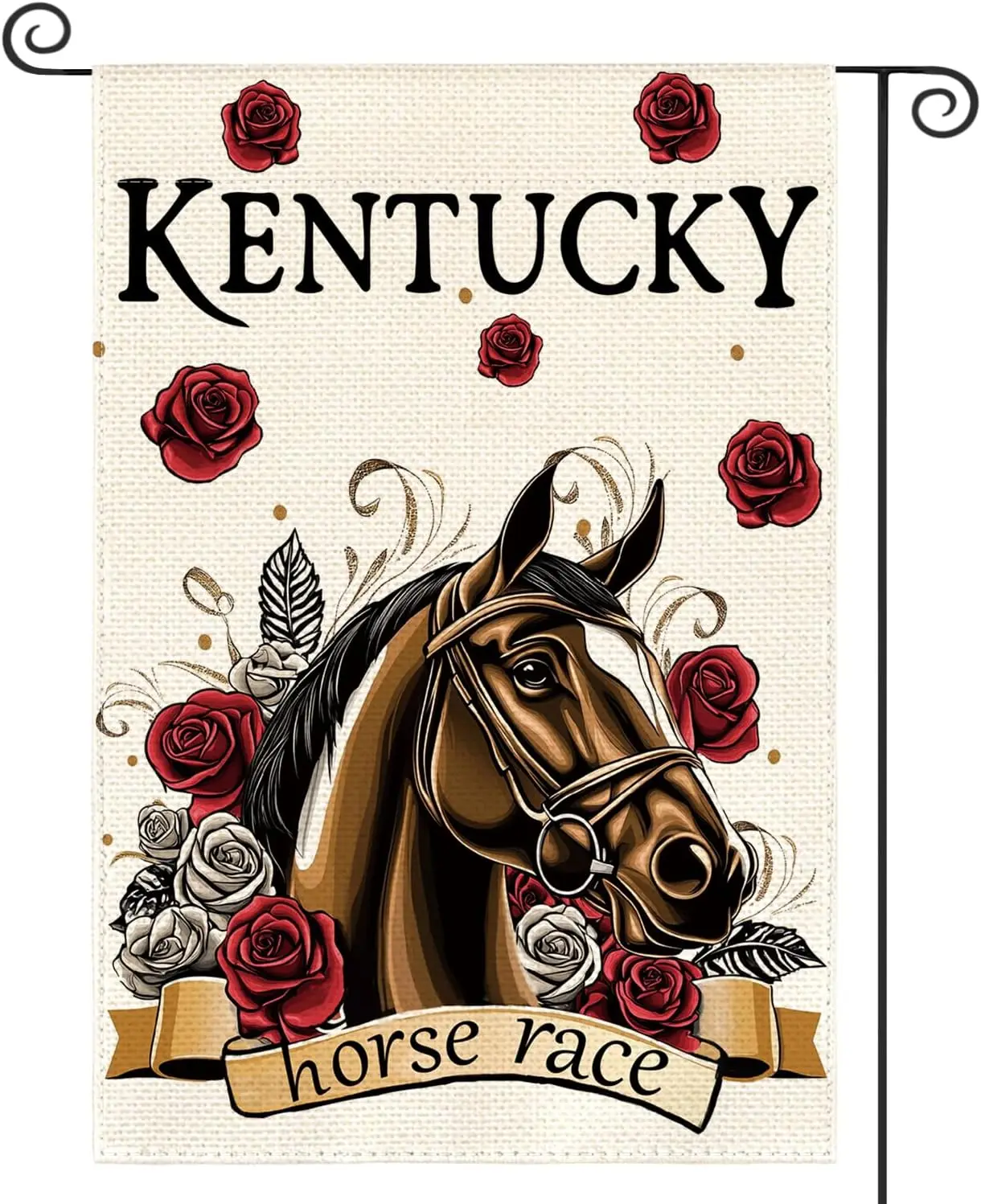 AVOIN colorlife Kentucky Horse Red Rose Garden Flag 12x18 Inch Double Sided Outside, Horse Racing Yard Outdoor Decoration jjp