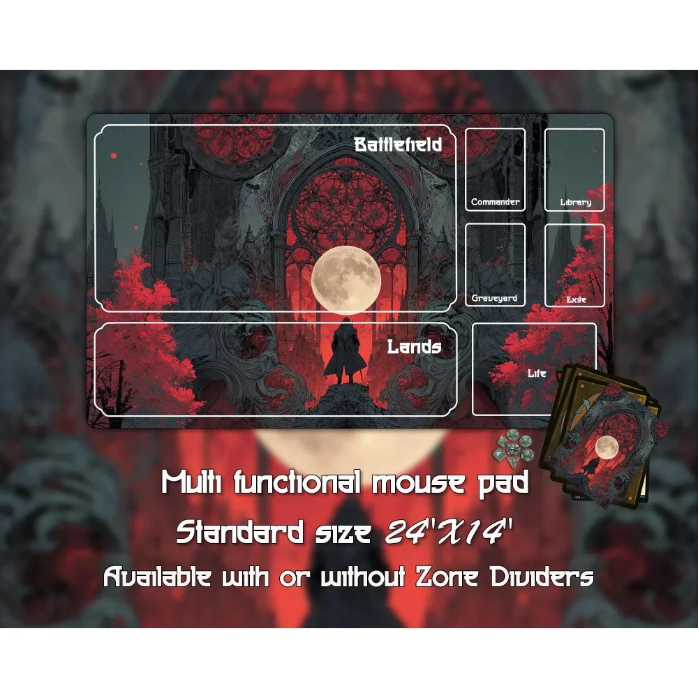 Gothic Cathedral Red Stained‑Glass Window TCG Playmat Vampire Hunter Silhouette Full Moon Dark Castle Non‑Slip Desk Mat