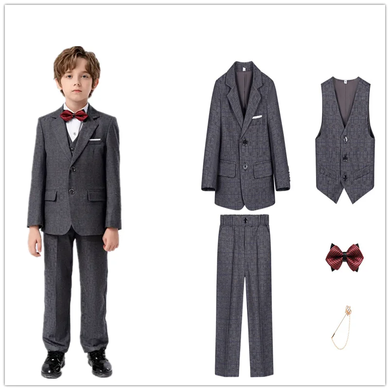 School Children 5Piece/Set Jacket Vest Pants Bowtie Brooch Piano Host Performance Dress Boys Formal Birthday Wedding Blazer Suit