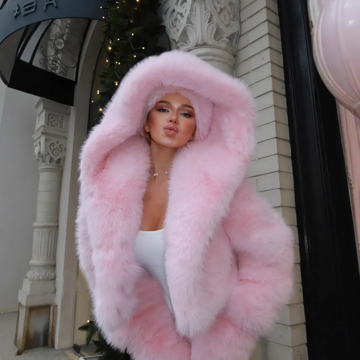 Women Street Fashion Hooded Faux Fox Fur Coat Fluffy Overcoat Autumn Winter Outerwear Thick Warm Pink Fur Jacket пальто женское