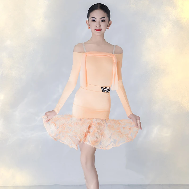 

Одежда для латинских танцев с открытыми плечами для девочек, детский тренировочный костюм для ча-ча-румбы, одежда для латинских танцев, комплект светло-оранжевой юбки XH2327