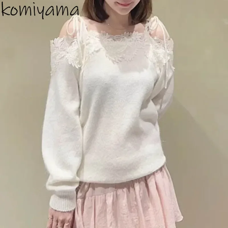 Bandage Off Shoulder Ropa Mujer 2024 Woman Sweater Spliced Lace Outerwears Autumn Sweet New Clothes Women Japan Loose Roupas