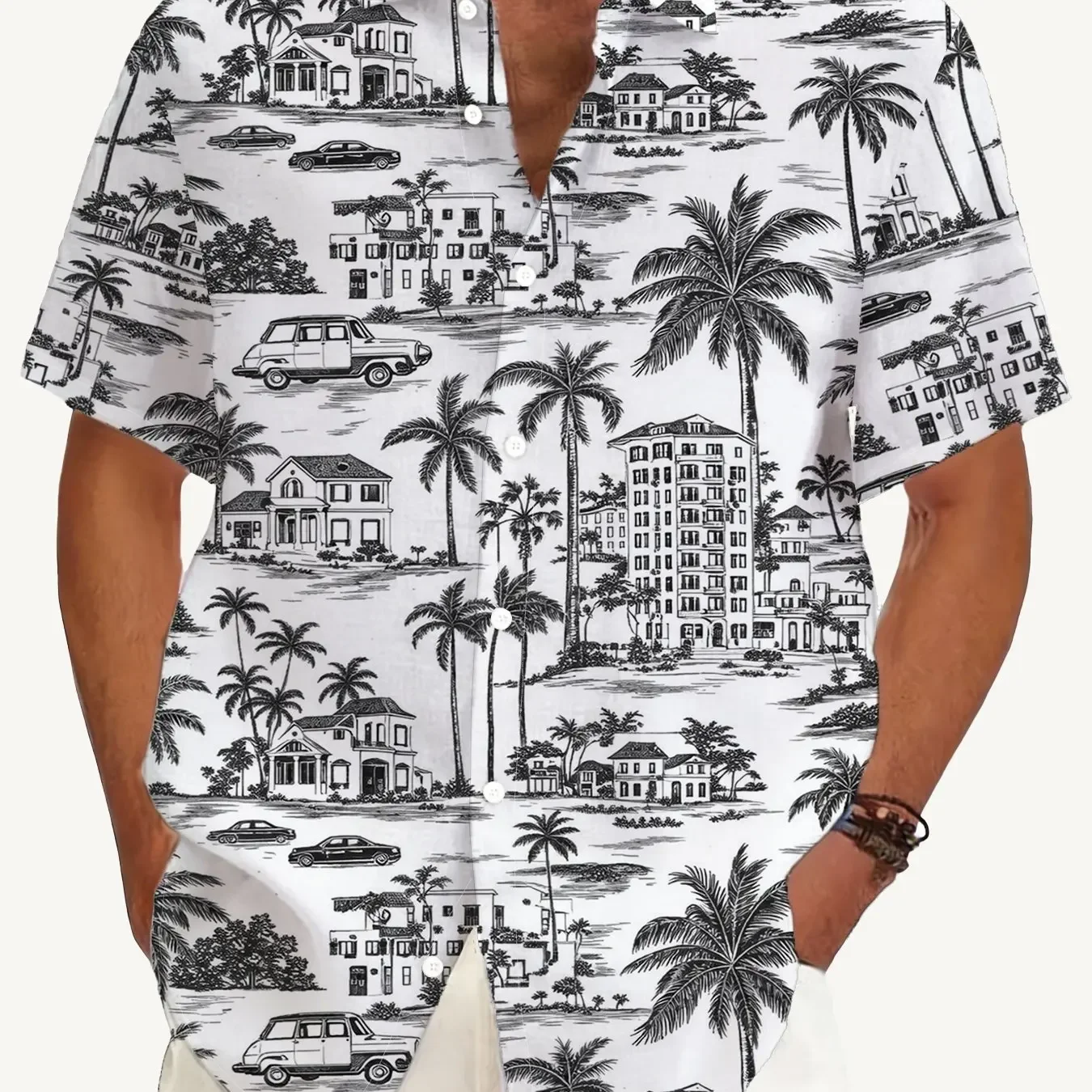 Men White Base Purple Town Coconut Car Print Hawaiian Shirt Short Sleeve Lapel Vacation Blouse