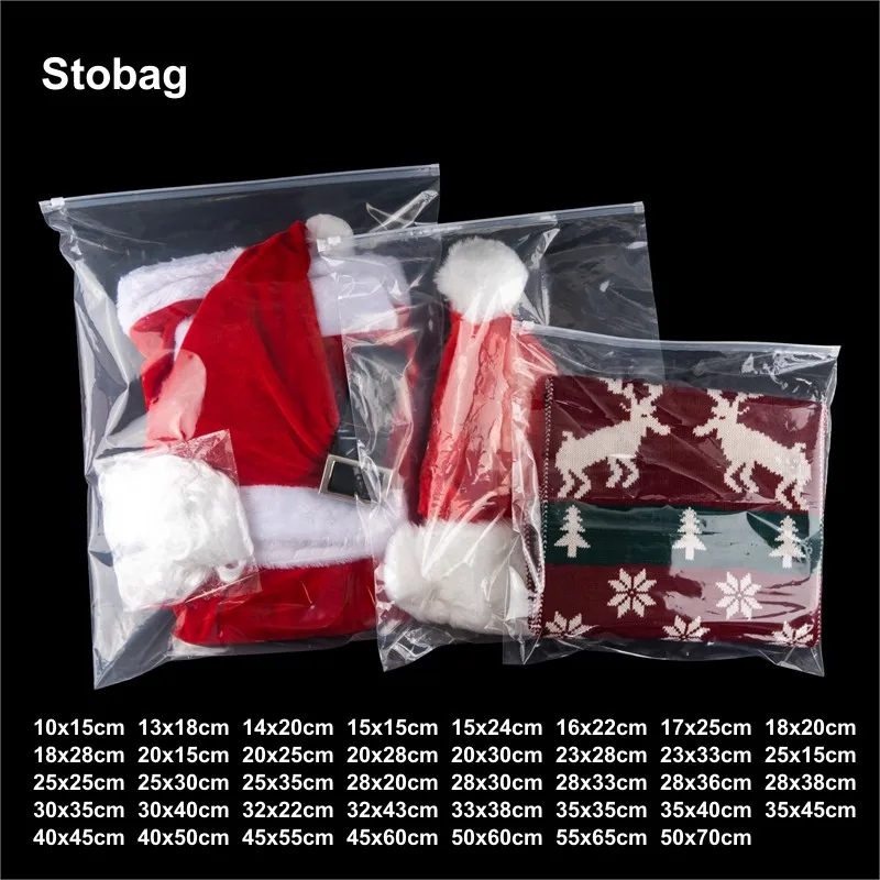 StoBag 50/20pcs Christmas Transparent Clothes Zipper Package Bags Shirt Storage Plastic Clear Pouches Organizer Logo Wholesale