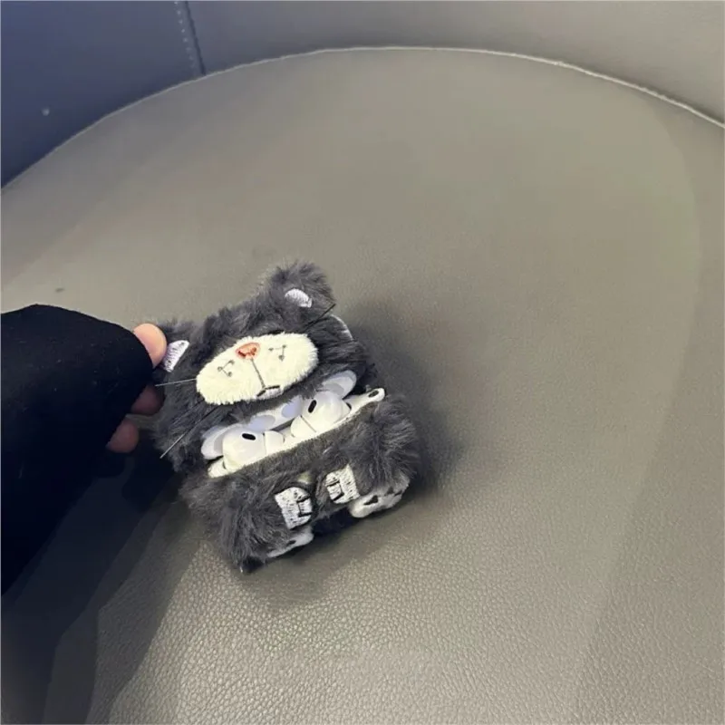 Grey Cat Fluffy Fur Earphone Case for Airpods Pro 2 3 4 Apple Bluetooth earphones Lovely Plush Cover