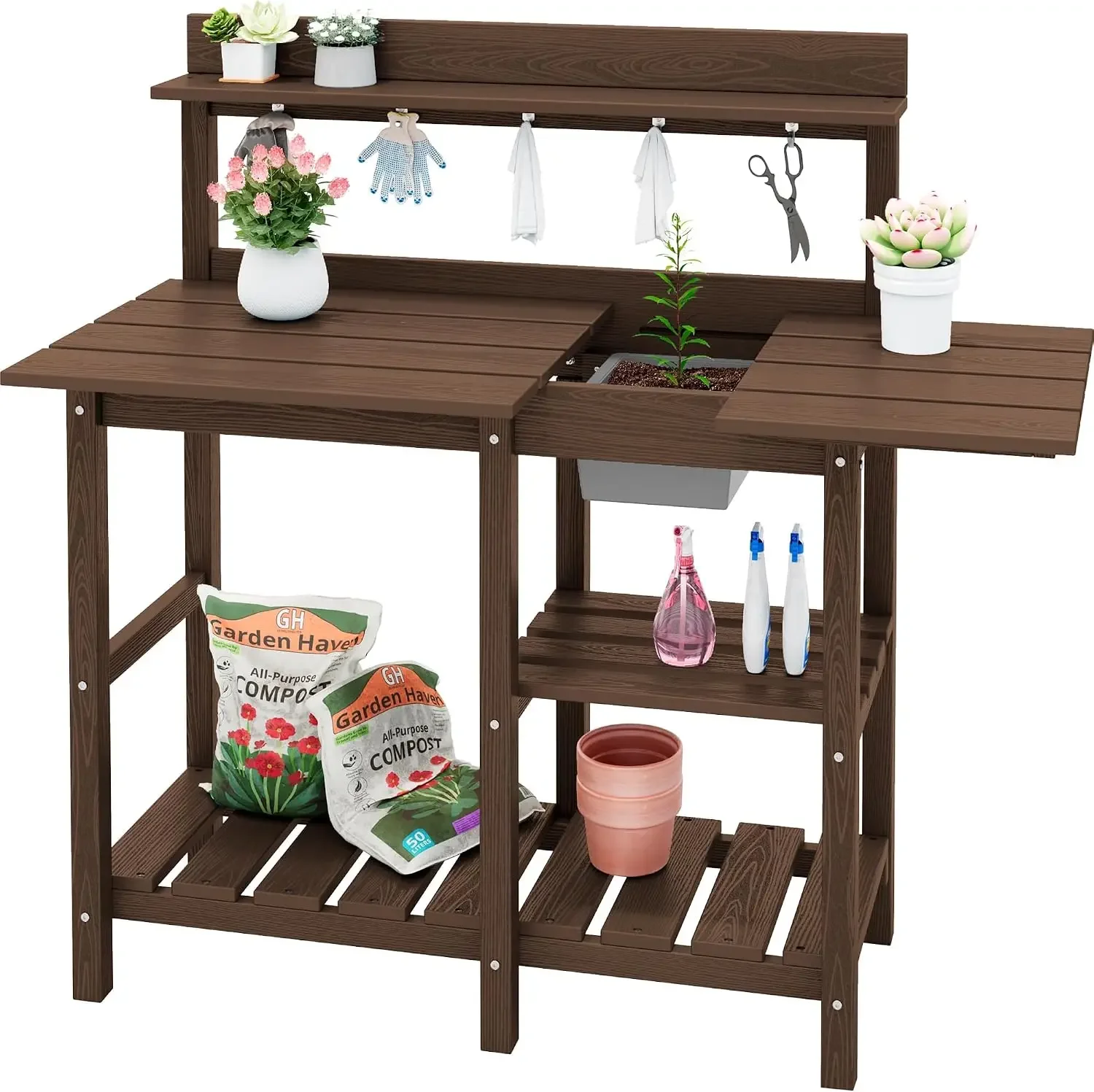Outdoor Potting Bench with Removable Sink,Gardening Table,Coffee | Waterproof HDPE Structure,Expandable Tabletop,Spacious